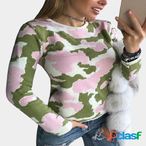 Green Camouflage Round Neck Long Sleeves Sweater