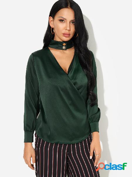 Green Choker Neck Button Design Surplice Blouse