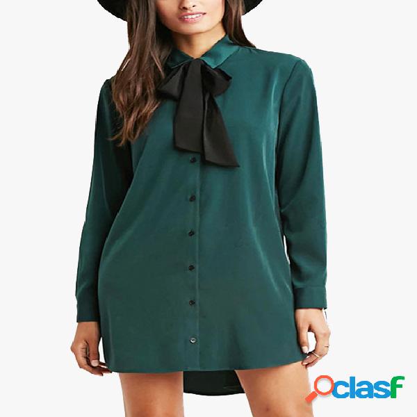 Green Classic Collar Long Sleeves Bowknot Dress