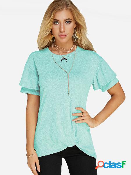 Green Crossed Front Flouncy Emebllished Sleeves T-shirt