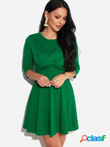 Green Crossed Front Round Neck 3/4 Length Sleeves Mini Dress