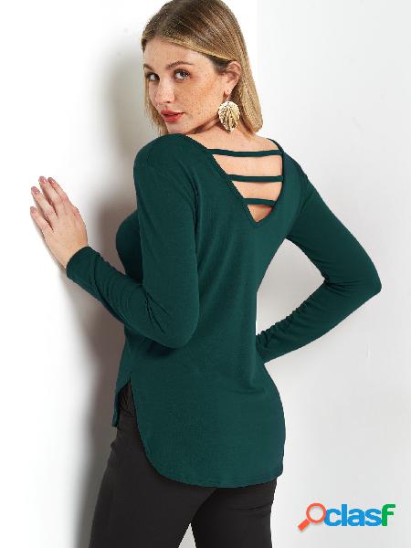 Green Cut Out Back Design Plain Round Neck Long Sleeves Tee