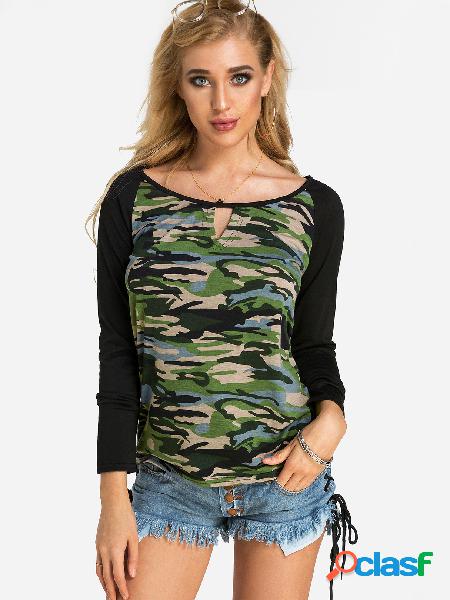 Green Cut Out Camouflage Round Neck Long Sleeves T-shirt