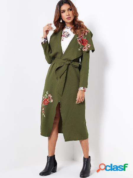 Green Embroidered Lapel Collar Long Sleeves Trench Coat With