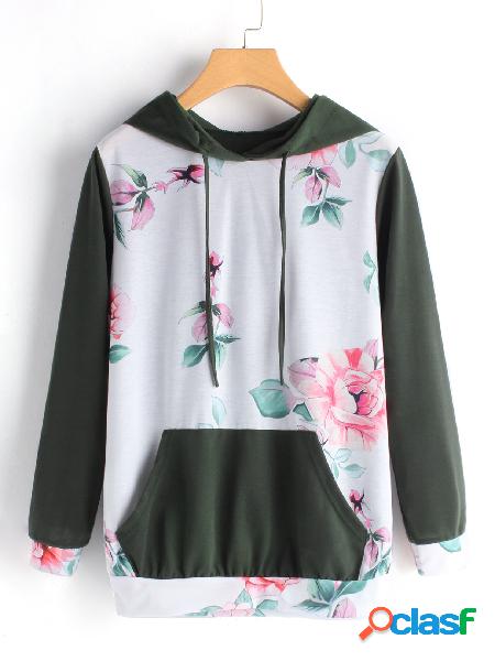 Green Floral Print Pocket Design Long Sleeves Hoodie