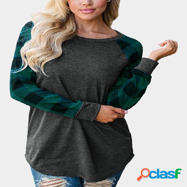 Green Grid Round Neck Long Sleeves T-shirts