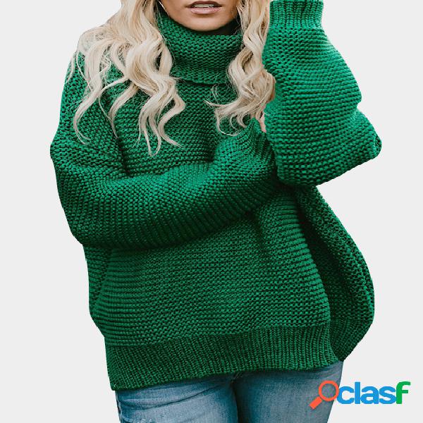 Green Knitting Roll Neck Long Sleeves Loose Sweaters