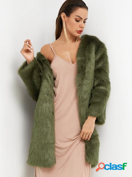 Green Plain Long Sleeves Faux Fur Coat