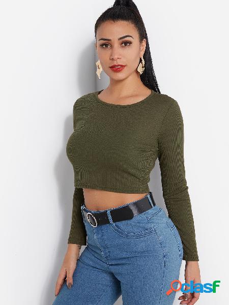 Green Plain Round Neck Long Sleeves Cropped Tee
