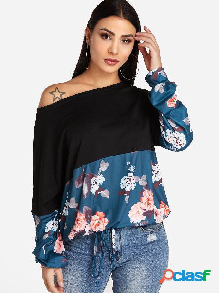 Green Random Floral Print One Shoulder Long Sleeves