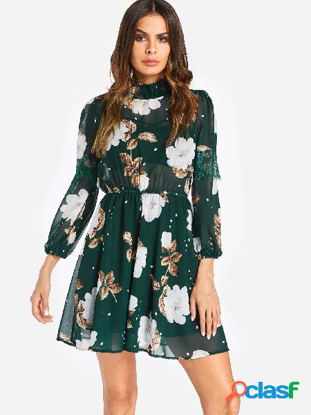 Green See Through Tiered Floral Print Perkins Collar Stretch