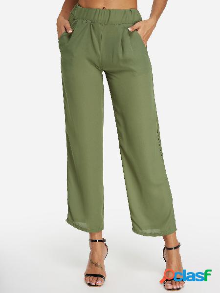 Green Side Pockets Wide leg Plain Middle-waisted Pants
