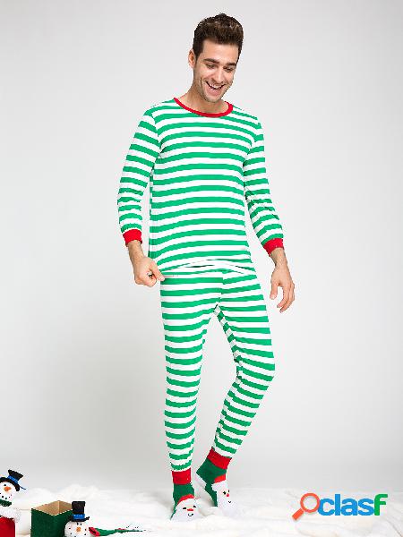Green Stripe Pattern Men Christmas Pajama Sets