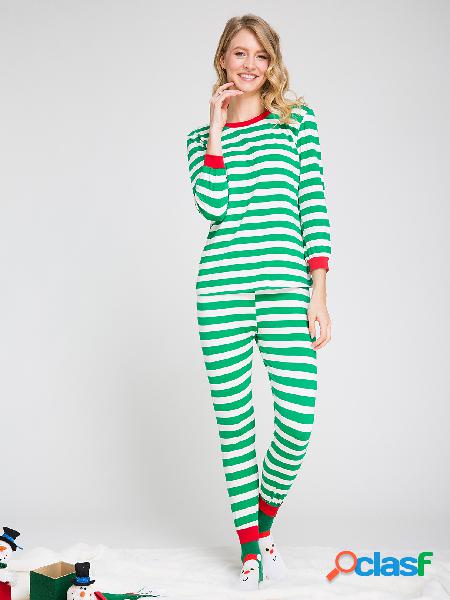 Green Stripe Pattern Women Christmas Pajama Sets