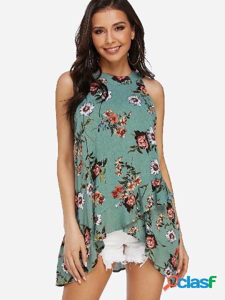 Green Summer Random Floral Print Flouncy Trim Camis