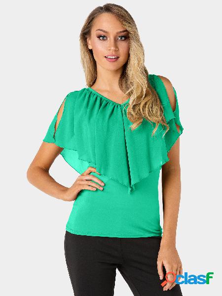 Green Tiered Design Cold Shoulder Short Sleeves T-shirt