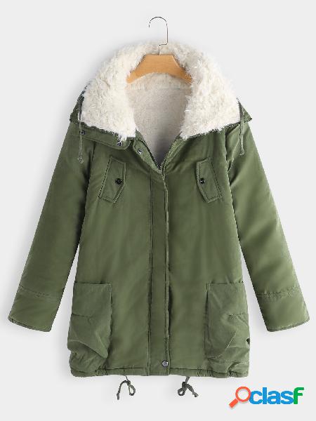 Green Woolen Lapel Collar Zip Front Closure Trench Coat With