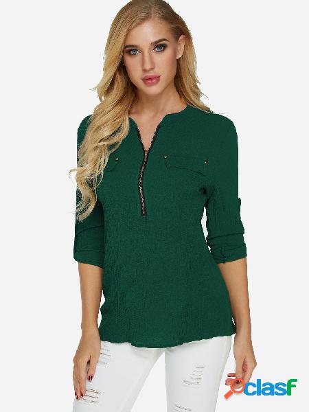 Green Zip Design V-neck Adjustable Length Sleeves Curve Hem