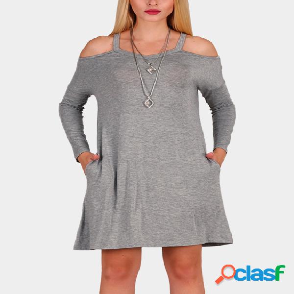 Grey Basic Cold Shoulder Mini Dress With Side Pockets