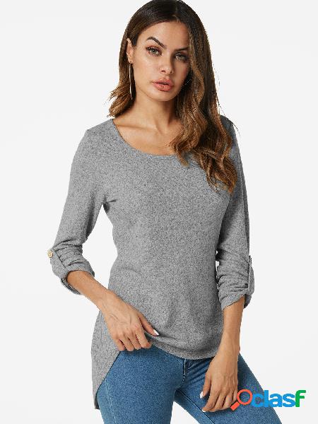Grey Bowknot Round Neck Long Sleeves Top