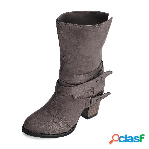 Grey Buckle Design Point Toe Mid Calf Boots