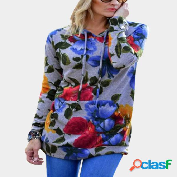 Grey Casual Floral Print Front Pockets Hoodie