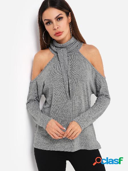 Grey Cold Shoulder Long Sleeves Top With Self-tie Design At