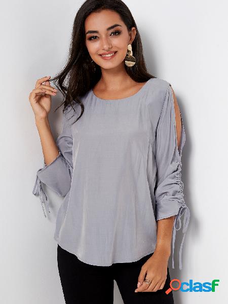 Grey Cold Shoulder Pleated Self-tie 3/4 Length Sleeves