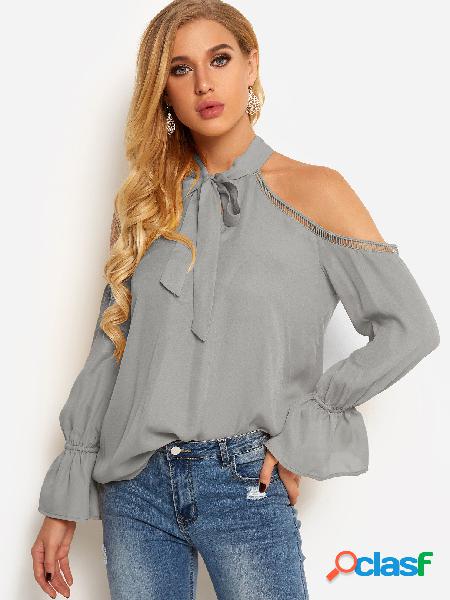 Grey Cold Shoulder Self-tie Front Plain Hollow Details