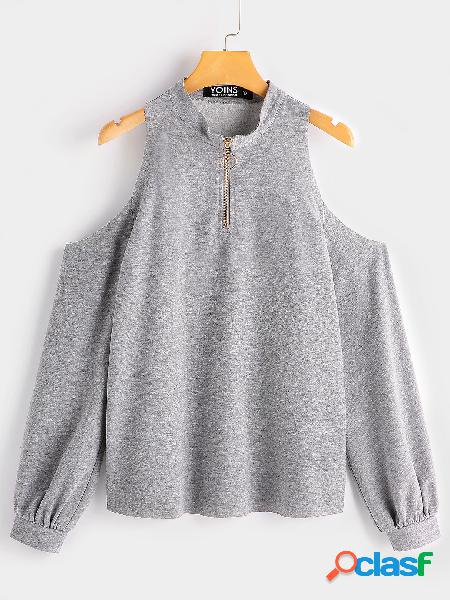 Grey Cold Shoulder Zipper Front Sweatshirts