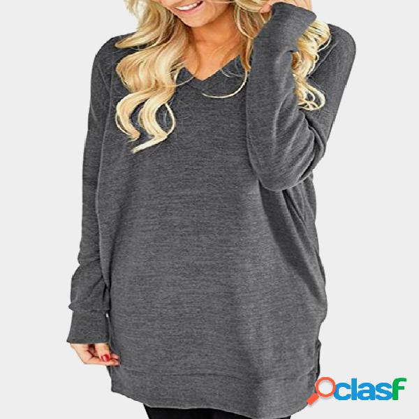 Grey Cozy V-neck Long Sleeves Longline Top