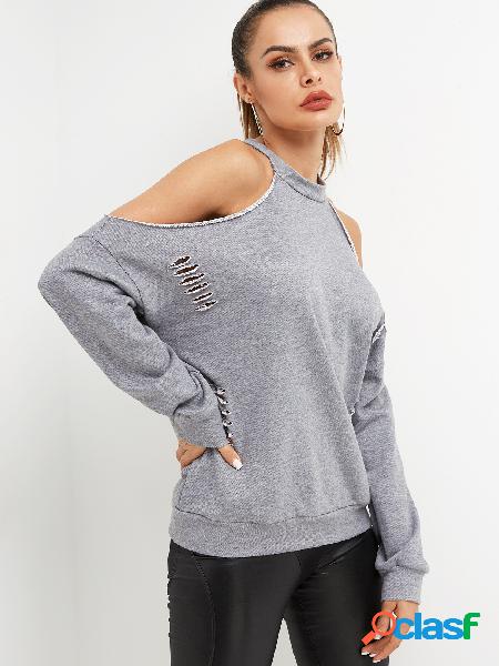 Grey Crew Neck Cold Shoulder Long Sleeves T-shirt