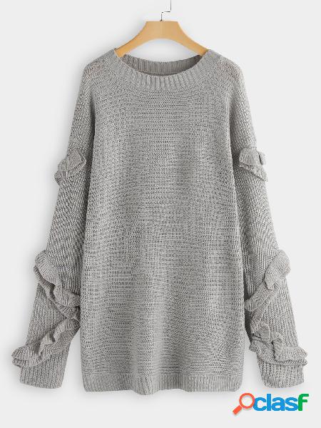 Grey Crew Neck Ruffle Design Knitting Sweater