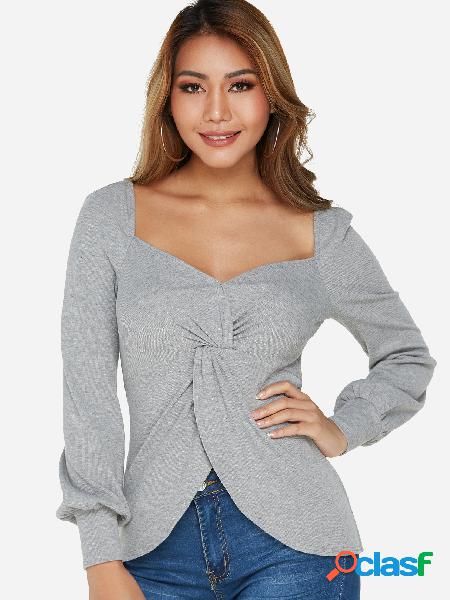 Grey Crossed Front Design Plain Square Neck Long Sleeves