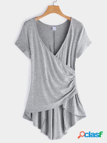 Grey Crossed Front Design V-neck Short Sleeves T-shirts