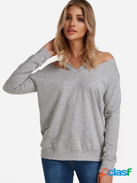 Grey Cut Out Details Cold Shoulder Long Sleeves Tee