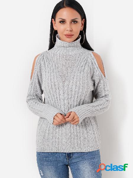 Grey Cut Out High Neck Long Sleeves Knitted Sweater