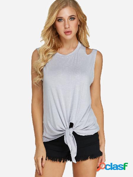 Grey Cut Out Plain Crew Neck Sleeveless Self-tie Design Tank