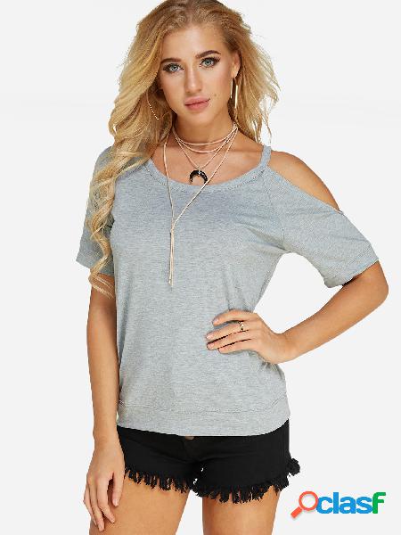 Grey Cut Out Round Neck Short Sleeves Top