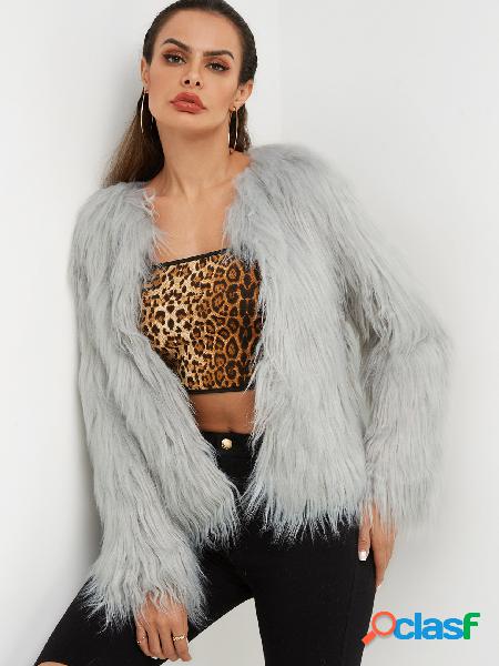 Grey Fashion Long Sleeves Artificial Fur Coat