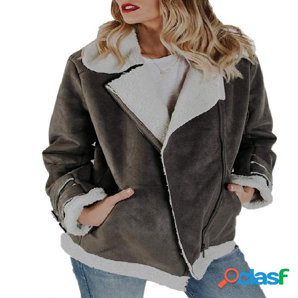 Grey Faux Leather Plain Lapel Collar Long Sleeves Plush Coat