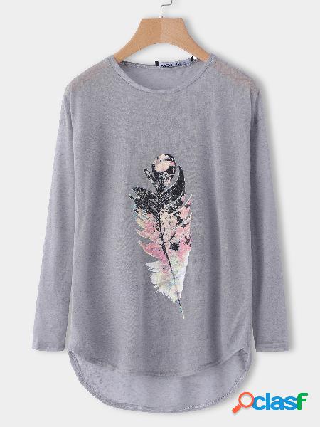 Grey Feather Pattern Round Neck Long Sleeves Top