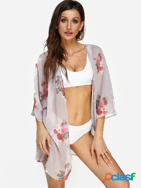 Grey Floral Print 3/4 Length Sleeves Semi Sheer Beach Kimono