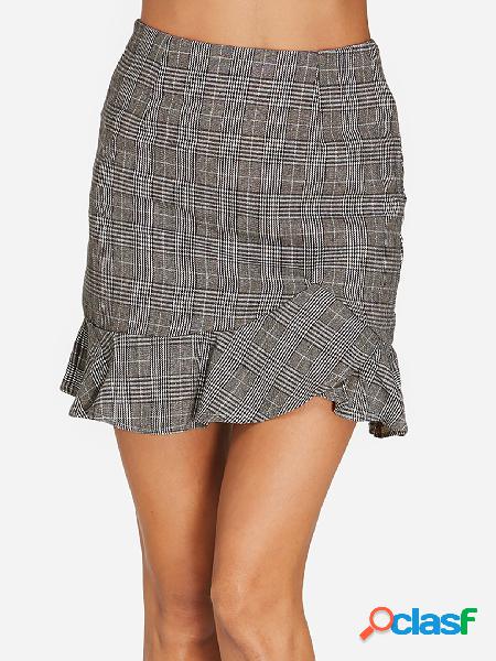 Grey Flounced hem Grid High-waisted Mini Skirts