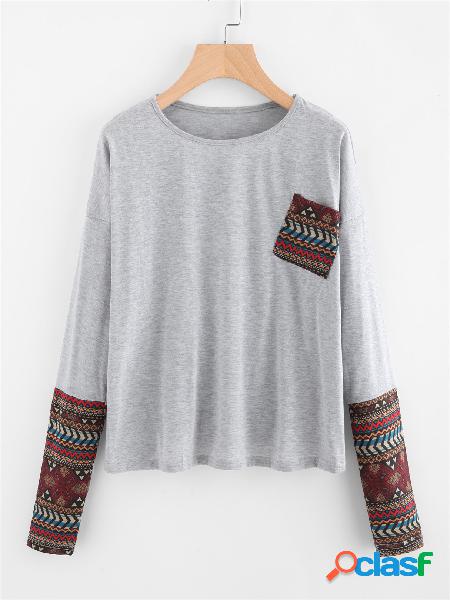 Grey Folk Style Printing Chest Pocket Round Neck Long