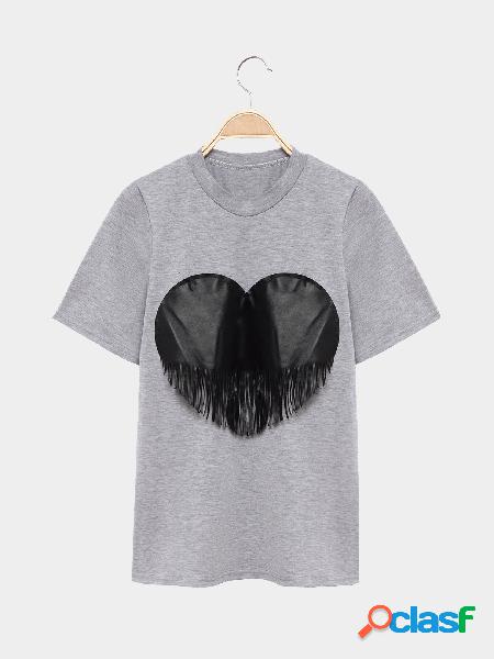 Grey Heart Pattern Casual T-shirt With Tassel Detail