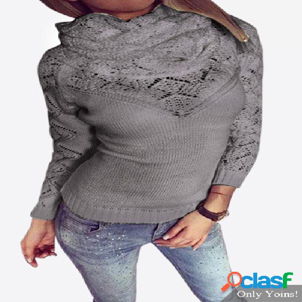 Grey High Neck Pullover Hollow Out Jumper with Two Pieces