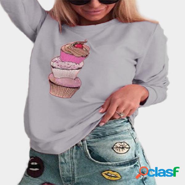 Grey Ice Cream Printing Round Neck Long Sleeves Sweatshirt