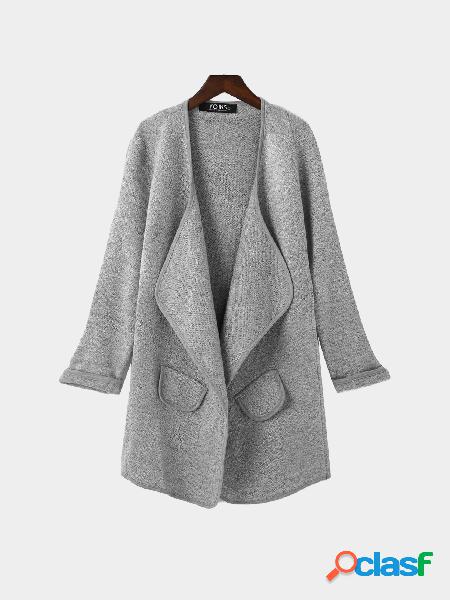 Grey Knit Long Length Cardigan with Pockets