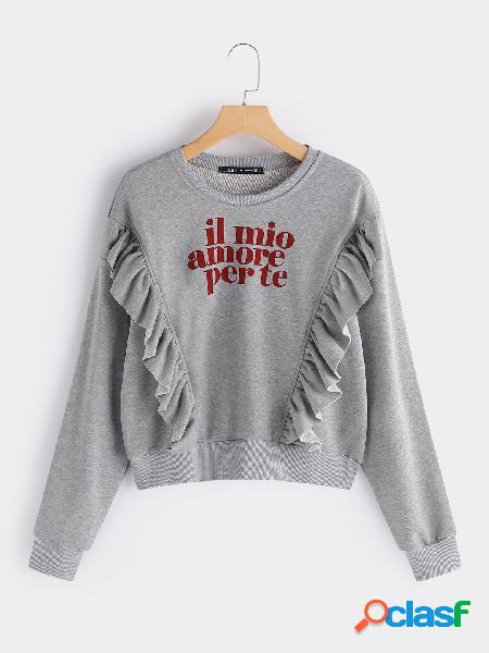 Grey Letter Print Crew Neck Ruffle Design Sweatshirt